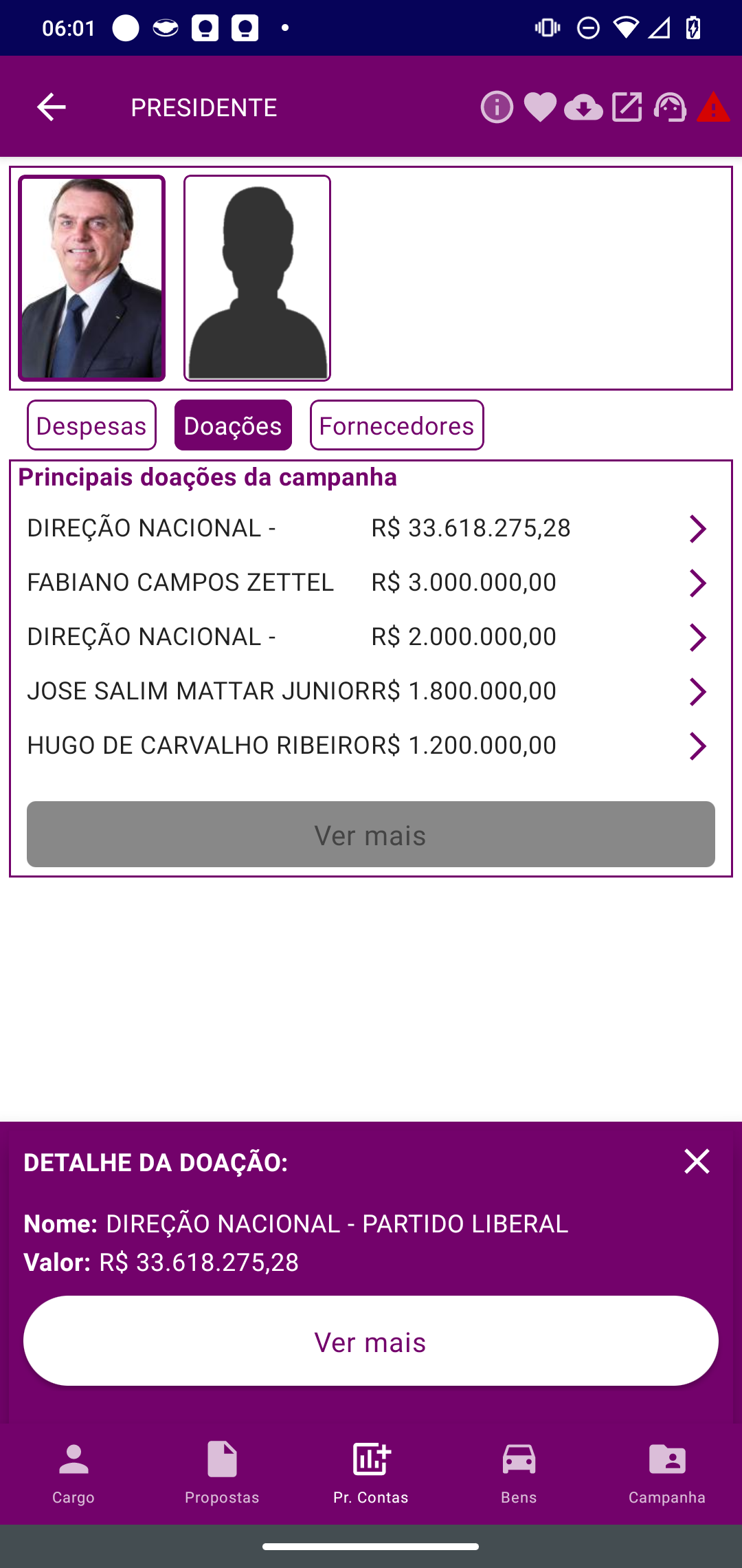 Tela doações feita ao candidato